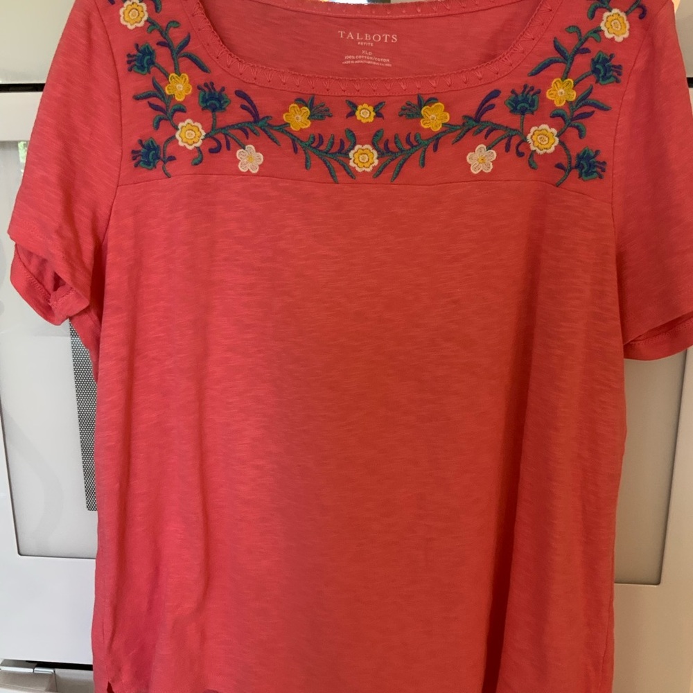 Talbots coral top with embroidered flowers